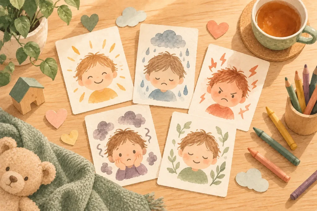 Ilustracja: karty emocji dla przedszkolaków z buźkami radości, smutku, złości, strachu i spokoju, obok kredki
