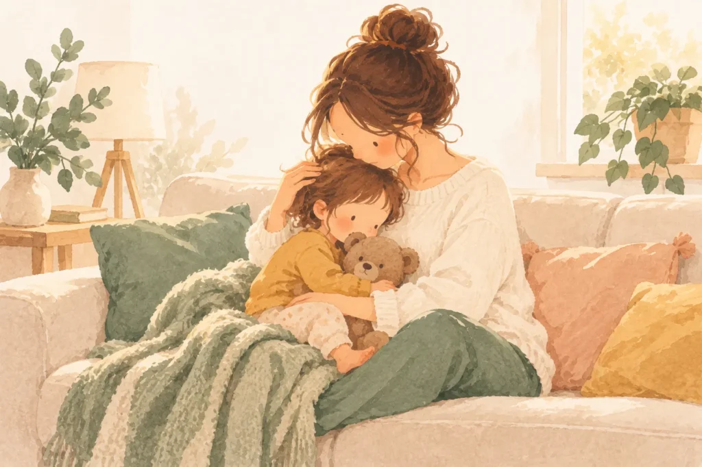 Ilustracja: mama na kanapie czule przytula małe dziecko z pluszowym misiem