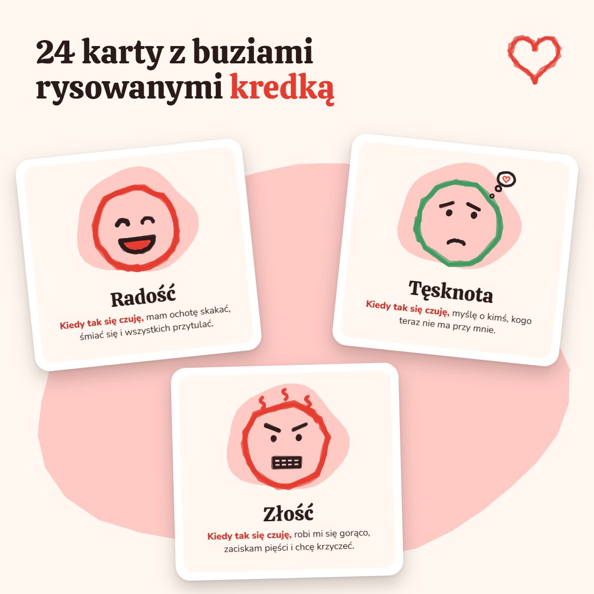 24 karty emocji z buziami rysowanymi kredką