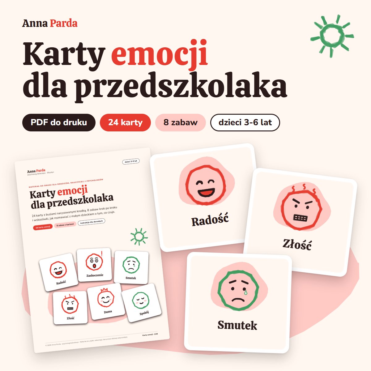 Karty emocji dla przedszkolaka, PDF do druku, 24 karty i 8 zabaw