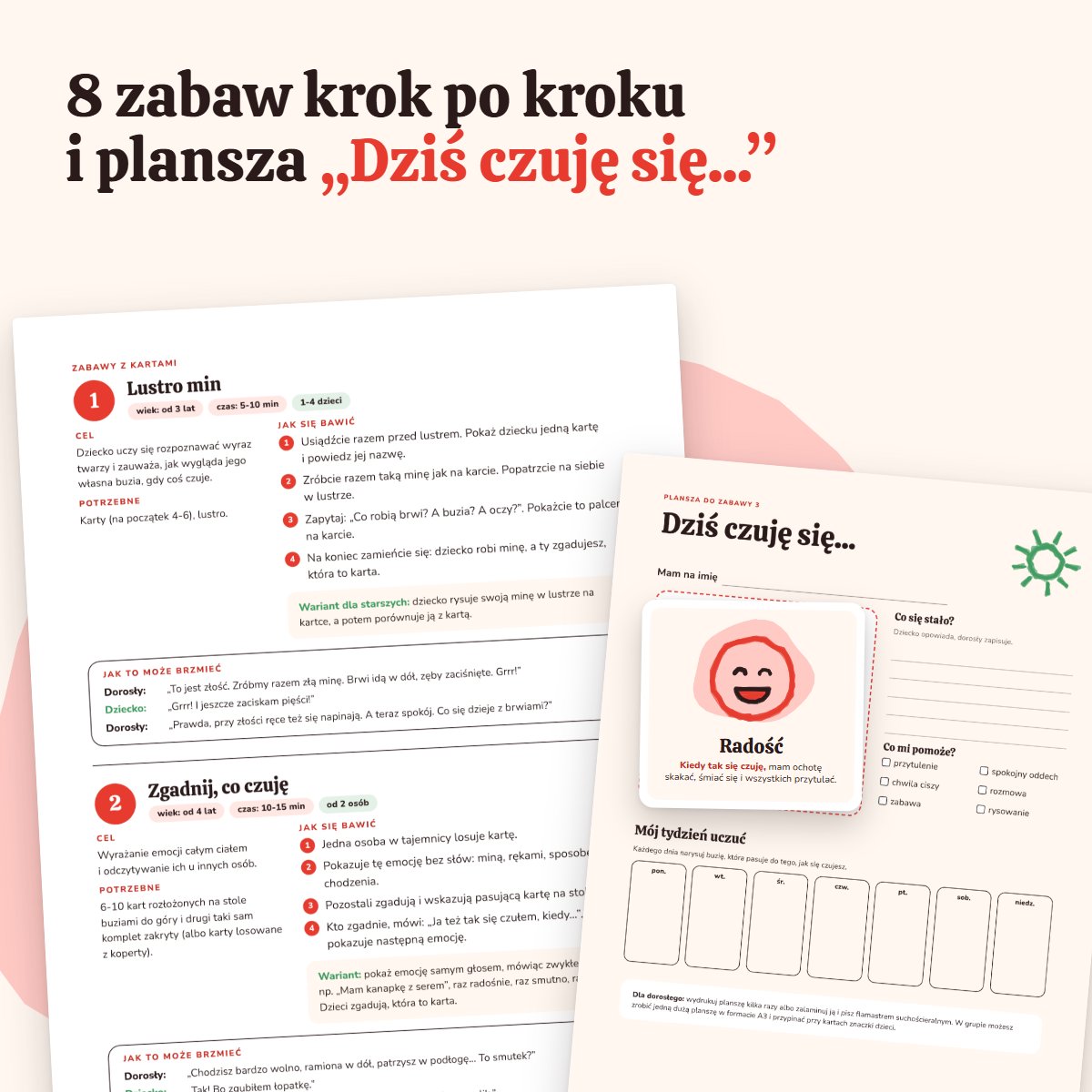 8 zabaw z kartami emocji i plansza Dziś czuję się