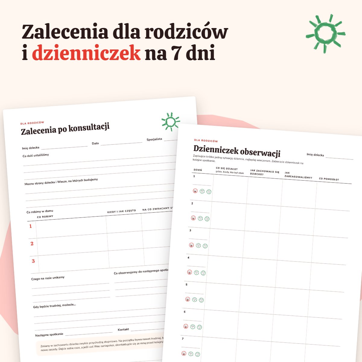 Szablon zaleceń dla rodziców i dzienniczek obserwacji na 7 dni